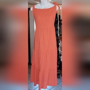 Old Navy Orange Maxi Sun Dress Scoop Neck Tie Straps Elastic Back Embroidered XL